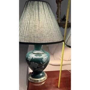Vintage Forest Green Ceramic Lamp & Shade 30.25"H w/22K Gold Floral 3Way Switch